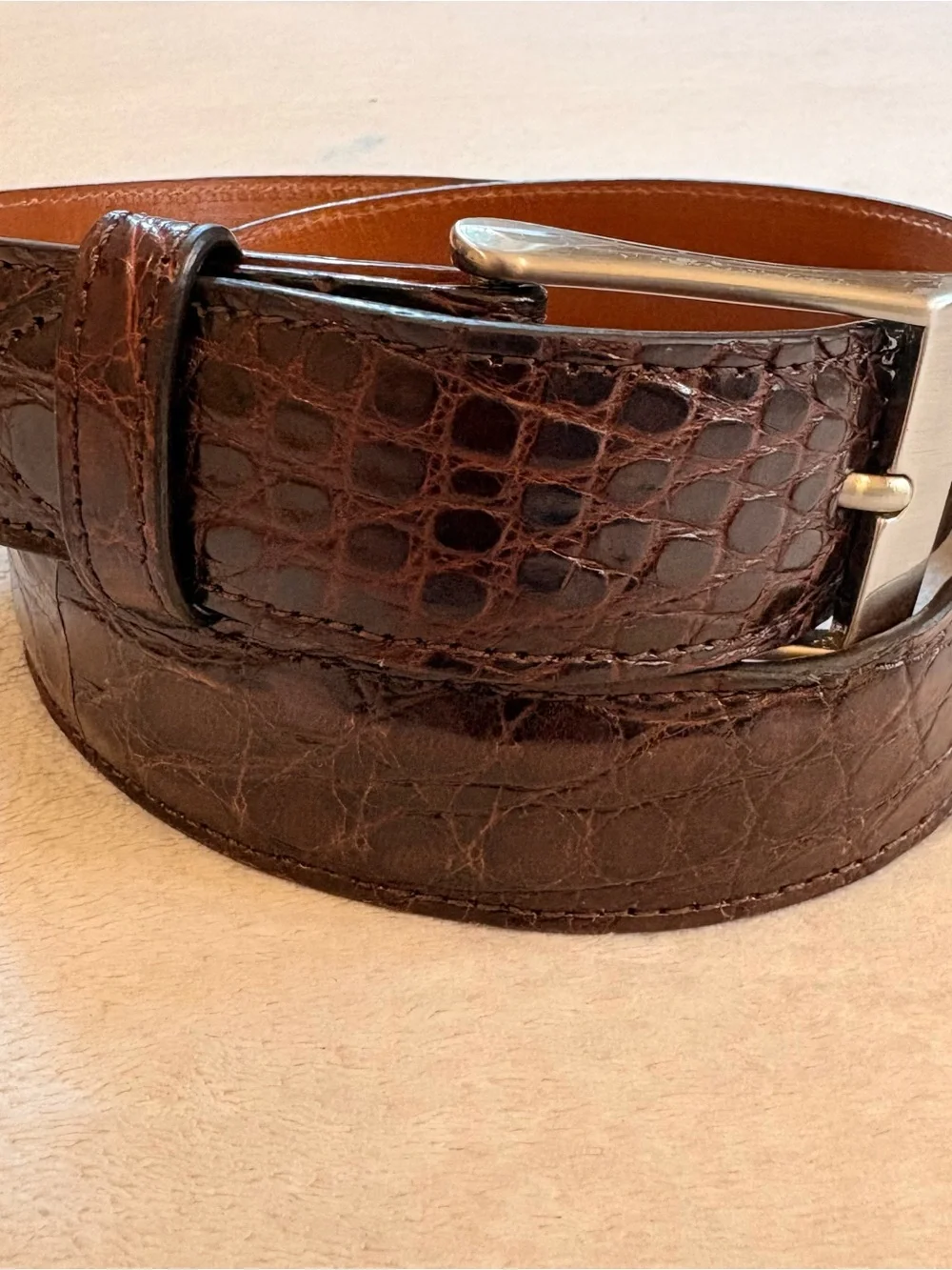 Saks Fifth Avenue Dark Brown Genuine Crocodile Leather Belt Silver Buckle Sz 34